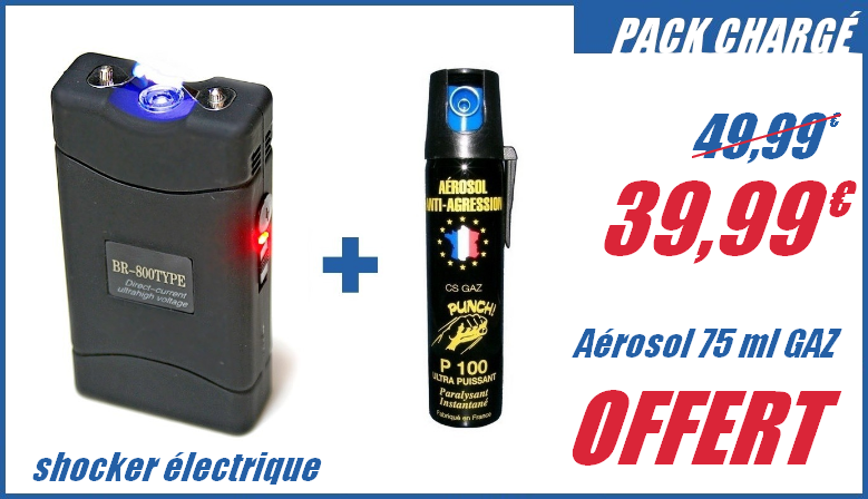 Pack taser électrique avec lampe LED et aérosol lacrymogène CS GAZ 75 ml